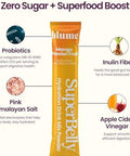 Blume SuperBelly Mango Passion Fruit Gut Health + Hydration 15 Sticks Sugar Free Daily Probiotics Prebiotic Fiber Vit C and Electrolytes Powder Packets