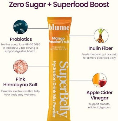 Blume SuperBelly Mango Passion Fruit Gut Health + Hydration 15 Sticks Sugar Free Daily Probiotics Prebiotic Fiber Vit C and Electrolytes Powder Packets