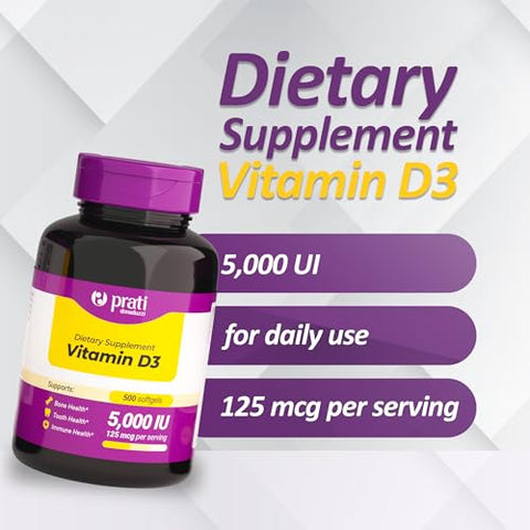 Prati Donaduzzi Vitamin D3 5000 Iu (125 Mcg) Softgels 500 Day Supply Extra Strength Daily Supplement For Bone And Teeth Support