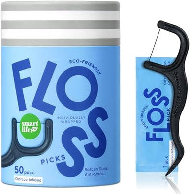 SmartLifeco Individually Wrapped Dental Floss Picks - Eco-Friendly Flosser Handle Made with Straw Wheat Blend Great for Travel PFA Free Toothpick Stick End Bamboo Charcoal Thread Whitens Teeth