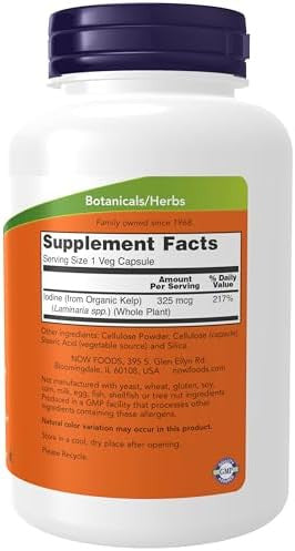 Now Supplements, Kelp 325 Mcg Of Natural Iodine, Supports Healthy Thyroid Function, Super Green, 250 Veg Capsules