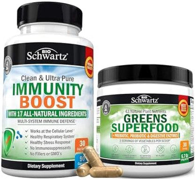 Bioschwartz Super Greens Powder With Probiotics Prebiotics And Digestive Enzymes (30 Servings) Plus 17 In 1 Immune Support Supplement With Antioxidants (1 Month Supply)