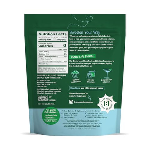 Whole Earth Zero Calorie Stevia, Monk Fruit & Allulose Sweetener, Zero Calorie Sugar Substitute, Keto-Friendly, Non-GMO, No Erythritol, Erythritol-Free, Pouch, 3LB Pouch