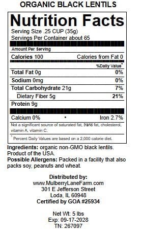 Black Beluga Lentils 5 Pounds Whole USDA Certified Organic, Non-GMO Bulk, Product of USA, Mulberry Lane Farms