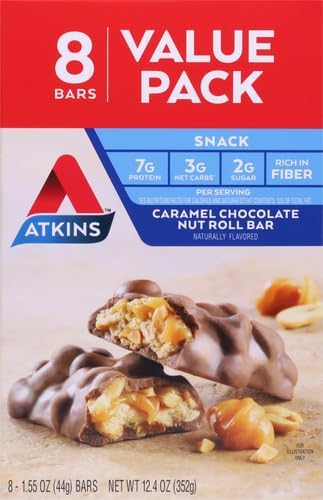 Atkins Caramel Chocolate Nut Roll Snack Bar Protein Snack High In Fiber 2G Sugar 8 Count