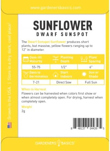 Gardeners Basics, Dwarf Sunflower Seeds for Planting Flowers - (Yellow Sunspot) is an Open-Pollinated, Non-GMO Sun Flower Variety- Dwarf Yellow Sunflower Seeds Great for Outdoor Flower Gardening