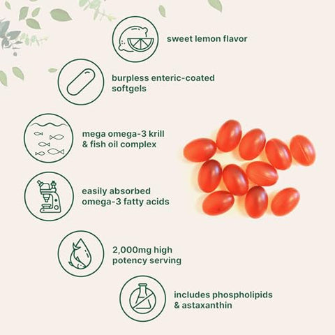 Micro Ingredients Mega Omega-3 Krill & Fish Oil 2000Mg Equivalent 240 Softgels Lemon Flavored Burpless Essential Fatty Acids & Astaxanthin Epa 350Mg Dha 230Mg Heart & Brain Supplement
