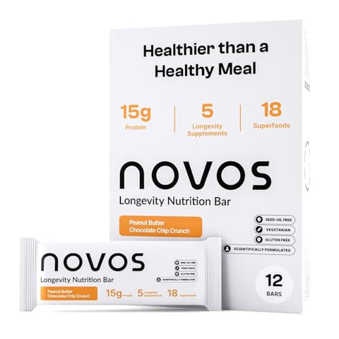 Novos Longevity Meal Bar Salted Chocolate Crunch 15G Protein Bar 5 Longevity Supplements 20 Superfoods Seed Oil Targets Causes Of Aging Skin Mind And Mood Support Vegetarian 12Pack