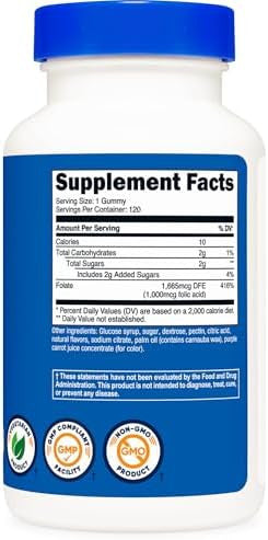 Nutricost Folic Acid (Vitamin B9) Vegetarian Gummies (120 Gummies / 1 Mg Folic Acid Per Serving) Folic Acid Supplement For Men & Women