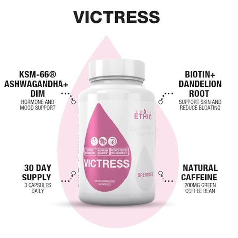 Sweat Ethic Victress Hormone Balance Support For Women With Ksm-66 Ashwagandha Dim Biotin Folic Acid Dandelion Root Cayenne Pepper & Vitamin D3 Daily Wellness Formula 90 Easy To Take Capsules