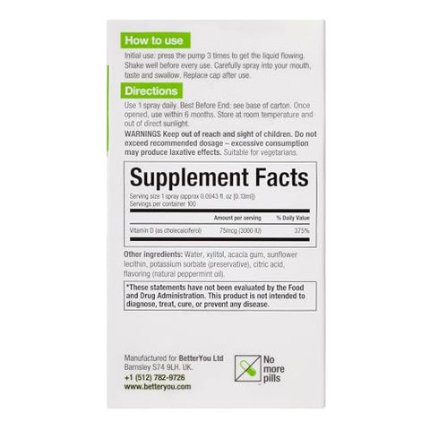 Betteryou D3000 Vitamin D Oral Spray Convenient Alternative For Tablets Promotes Strong Bones Teeth And Immune System Aids In Calcium Absorption Natural Peppermint Flavor 0.5 Oz