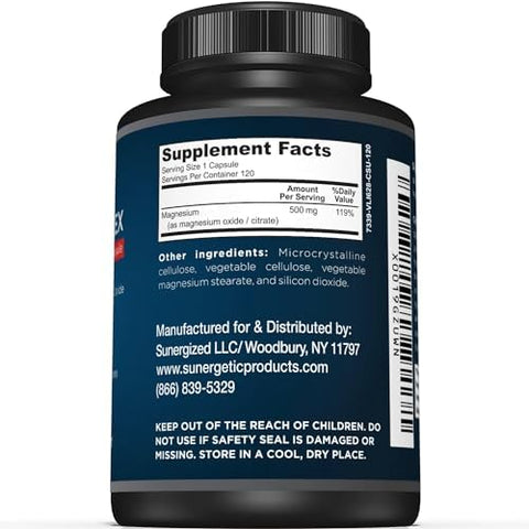 Sunergetic Premium Magnesium Citrate Capsules " Powerful 500Mg Magnesium Oxide & Citrate Supplement " Helps Support Healthy Bones Muscles Teeth Energy & Relaxation " 120 Vegetable Capsules