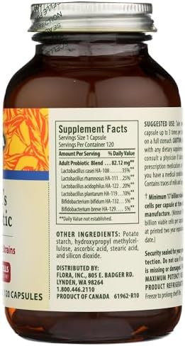 Flora Adult'S Probiotic Vegetarian Daily Probiotic For Gut & Digestive Health Includes Lactobacillus & Bifidobacterium 17 Billion Cfu Gluten Keep Chilled 120 Capsules