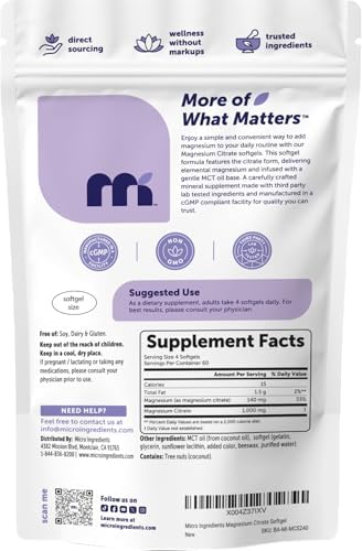 Micro Ingredients Magnesium Citrate 1000 Mg Per Serving 240 Softgels Magnesium Supplements For Men And Women Made With Mct Oil NonGmo Gluten