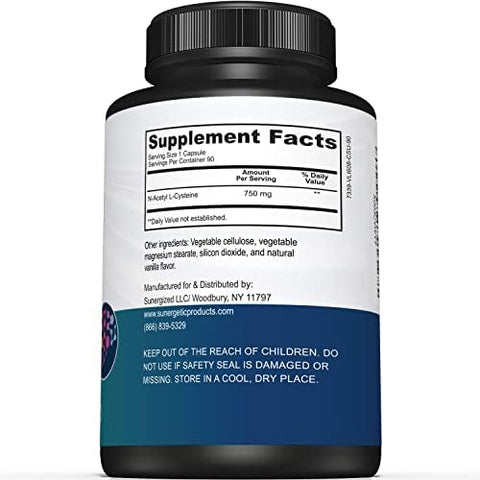 Sunergetic Premium Nac Supplement Nacetyl Cysteine " 750Mg Per Capsule " Supports Liver Detox Immune Cellular & Respiratory Health " 90 N Acetyl Cysteine Capsules