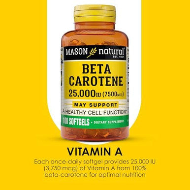 Mason Natural Vitamin A Beta Carotene 25000 Iu Supports Vision Cell Function & Immune Health 100 Softgels Pack Of 3