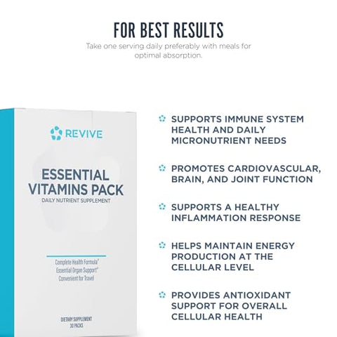 Revive MD Essential Vitamin Packs for Women and Men Vitamins Pack Daily Nutrient Supplement TravelFriendly Multivitamin Packets with Arjuna and Turmeric Extract Support Heart Joint and Organ Health