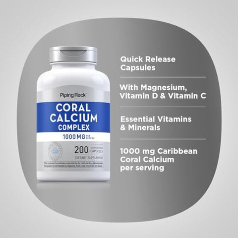 Piping Rock Coral Calcium 1000 mg 200 Capsules Bone Formula Complex With Vitamin D C and Magnesium NonGMO Gluten Free Supplement