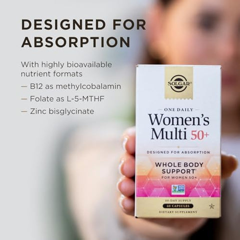 Solgar One Daily WomenS Multi 50+ Whole Body Support For Women 50 And Older Highly Absorbable Heart Bone and Breast Health Energy Stress Hair Skin and Nails Multivitamin 60 Vegan Capsule Servings
