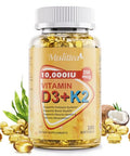 PlantBased D3 K2 Vitamin 10000 IU w/Virgin Coconut MCT Oil 200 mcg MK7 Vitamin K2 NonGMO for Ultimate Absorption Bone Immune and Heart Health Easy to Swallow D and K Supplement 180 Softgels