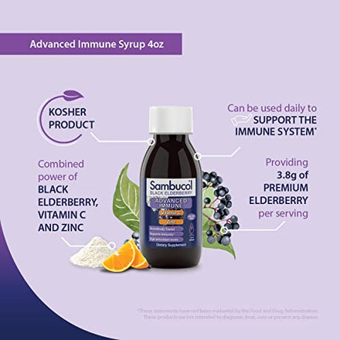 Sambucol Advanced Black Elderberry Syrup - Elderberry With Zinc And Vitamin C For Adults Sambucus Elderberry Syrup Elderberry Liquid - 4 Fl Oz