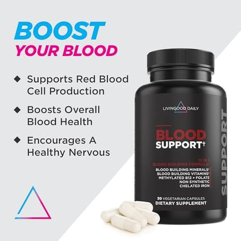 Livingood Daily Iron Supplement For Women & Men Blood Support Formula With Chelated Iron Methylated B12 Vitamin C Zinc & Folate Vegan Non Gmo Gluten Allergen 30 Capsules