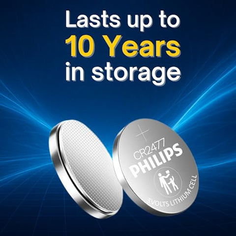 Philips Cr2477 3V Lithium Battery 5-Pack Cr 2477 Battery 10 Year Shelf Life Leak-Proof Design Ideal For Sensors Industrial Use Car Key Fobs Fitness Trackers Monitors Medical Devices