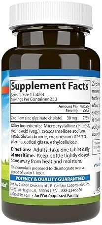 Carlson Chelated Zinc 30 mg Zinc Glycinate Chelate Supplement Superior Absorption Immune and Enzyme Support Antioxidant 250 Tablets