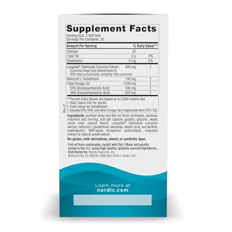 Nordic Naturals Omega Curcumin Lemon - 60 Soft Gels - 1200 Mg Omega-3 400 Mg Optimized Curcumin - Combats Cellular Stress - Non-Gmo 30 Servings