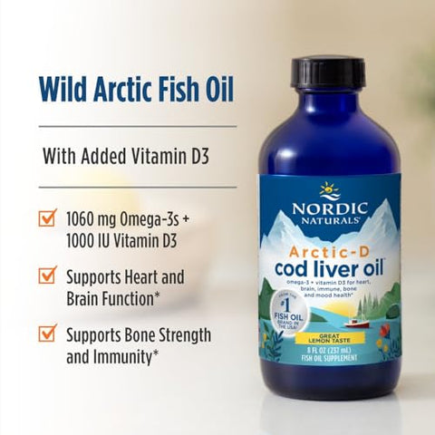Nordic Naturals Arctic-D Cod Liver Oil Lemon - 8 Oz - 1060 Mg Total Omega-3S 1000 Iu Vitamin D3 - Epa & Dha - Heart Brain Bone Immune & Mood Support - Non-Gmo 48 Servings