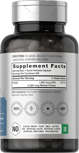 Horbaach Methyl Folate Supplement 1000 mcg 200 Capsules 5MTHF Folic Acid NonGMO Gluten Free Methylfolate