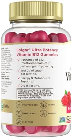 Solgar Methyl B12 Gummies For Adults 1500Mcg Ultra Potency Vitamin For Energy and Metabolism Support Raspberry Flavor Vegan and GlutenFree Gummy For Women and Men 2 Month Supply 60 Servings 2G Sugar
