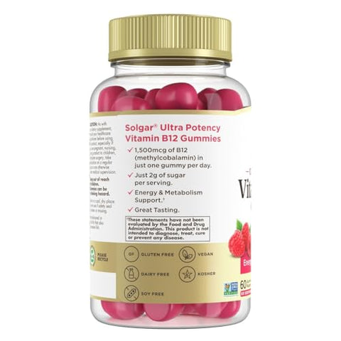 Solgar Methyl B12 Gummies For Adults 1500Mcg Ultra Potency Vitamin For Energy & Metabolism Support Raspberry Flavor Vegan & Gluten-Free Gummy For Women & Men 2 Month Supply 60 Servings 2G Sugar