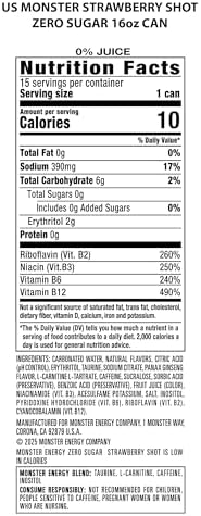 Monster Energy Zero Sugar Strawberry Shot, Green, Original, Sugar Free Energy Drink, 16 Ounce (Pack of 15)