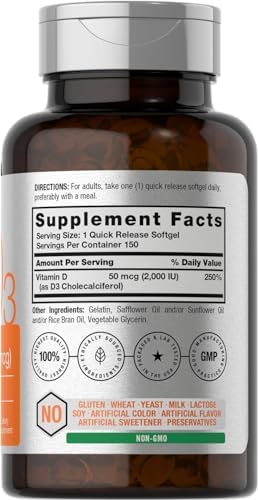 Horbaach Vitamin D3 2000IU Softgels 150 Count 50mcg Cholecalciferol NonGMO and Gluten Free Supplement