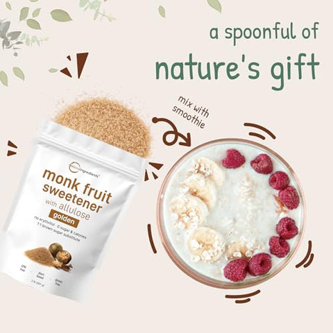 Micro Ingredients Golden Monk Fruit Sweetener Allulose, 2 lbs | No Erythritol, No Aftertaste, 1:1 Brown Sugar Substitute | Zero Calorie, Great for Drinks, Coffee, Tea, Cookies | Keto, Vegan, Non-GMO