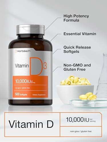 Horbaach Vitamin D3 10000 IU 500 Softgels NonGMO Gluten Free Supplement Value Size 250mcg High Potency Formula