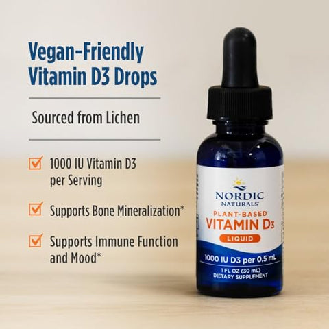 Nordic Naturals Plant-Based Vitamin D3 Liquid - 1 Oz - 1000 Iu Vitamin D3 - Healthy Bones Mood & Immune System Function - Non-Gmo Vegan 60 Servings