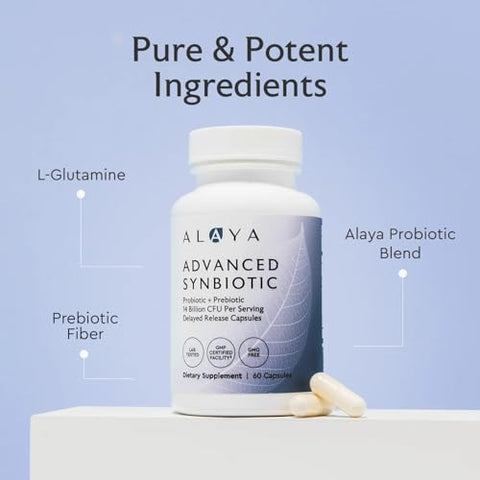 Alaya Naturals Advanced Synbiotic - Probiotic Prebiotic - 14 Billion Cfu Delayed Release Probiotic Supplement With Prebiotics From Sunfiber And L-Glutamine For Gut Lining Integrity 60 Capsules