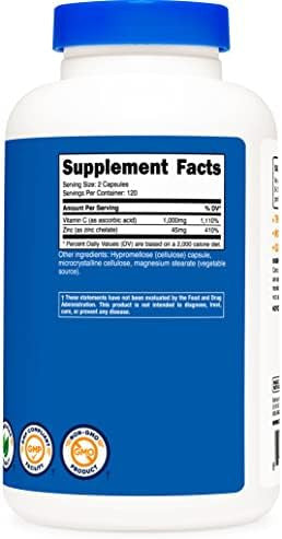 Nutricost Vitamin C With Zinc Capsules 120 Servings (2 Pack) 1000Mg Vitamin C 45Mg Zinc Nongmo Gluten Vitamin C Supplement