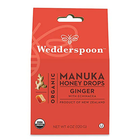 Wedderspoon Raw Premium Manuka Honey KFactor 16+, 17.6 Ounce & Organic Manuka Honey Drops, Ginger + Echinacea, Unpasteurized, Genuine New Zealand Honey, Perfect Remedy For Dry Throats, 4.0 Ounce