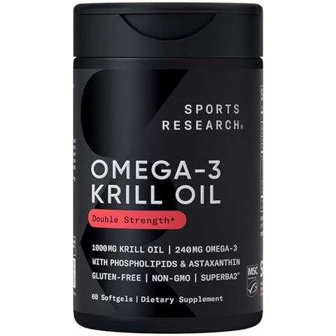 Sports Research Antarctic Krill Oil Omega 3 1000Mg (Double Strength) With Phospholipids Choline & Astaxanthin Triple Strength Omega 3 Fish Oil Single-Source Wild Alaska Pollock 1250Mg Vitamin D3 K