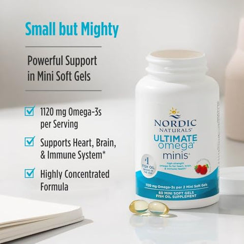 Nordic Naturals Ultimate Omega Minis Strawberry Flavor - 60 Minis Soft Gels - 1120 Mg Omega-3 - High-Potency Fish Oil Supplement - Epa & Dha - Promotes Brain & Heart Health 30 Servings