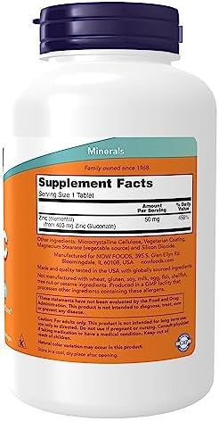 Now Foods Zinc (Zinc Gluconate) 50 Mg Supports Enzyme Functions Immune Support 500 Tablets White