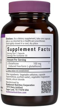 Bluebonnet Nutrition Lglutathione 100Mg Form Amino Acid For Radical Protection Soy Gluten Nongmo Kosher Vegan 30 Vegetable Capsules 30 Servings