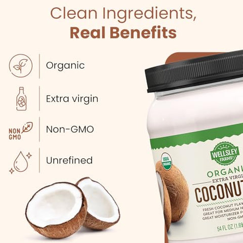 Wellsley Farms Organic Extra Virgin Coconut Oil - Unrefined, 100% Pure & Natural - Vegan, Non-GMO, Gluten-Free and Keto-Friendly Cooking Coconut Oil - Ideal for Skin Care & Hair Care - 54 oz (1 Pack)