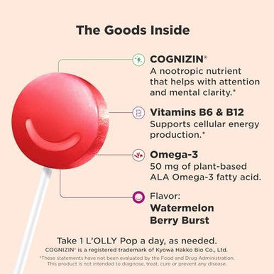 Olly Focus Buddies L'Olly Pops Omega3 Ala B6 B12 Cognizin Kids Supplement Lollipops To Supports Focused Attention & Healthy Brain Function Vegetarian Watermelon Strawberry 25 Count