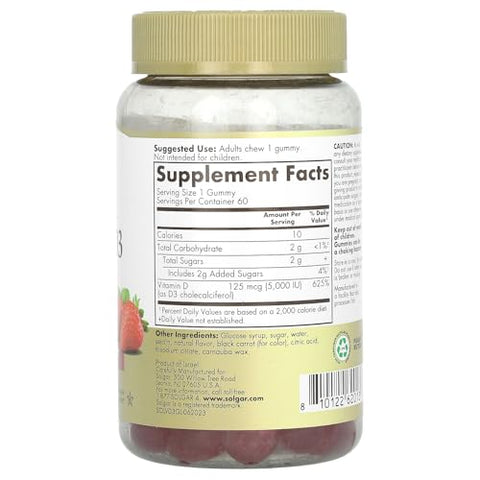 Solgar Vitamin D3 Gummies For Adults 5000Iu Ultra Potency Vitamin Immune System Support For Women & Men - Tasty Strawberry Flavor Gluten & Gelatin Free Gummy 2 Month Supply 60 Servings 2G Sugar