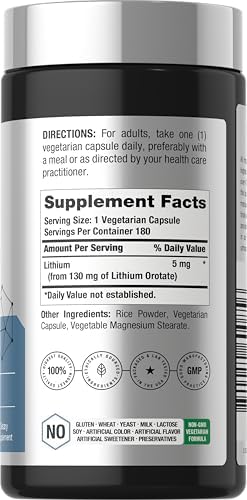 Horbaach Lithium Orotate 130mg 180 Capsules NonGMO Gluten Free Vegan 5mg Bioavailable Elemental Lithium