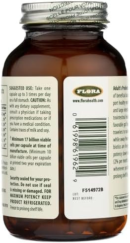 Flora Adult'S Probiotic Vegetarian Daily Probiotic For Gut & Digestive Health Includes Lactobacillus & Bifidobacterium 17 Billion Cfu Gluten Keep Chilled 120 Capsules